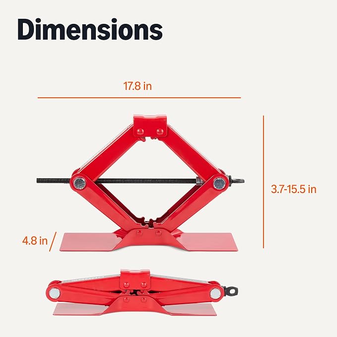 Portable Scissor Car Jack, 1.65 Short Ton/1.5 Metric Ton/1500 kg Capacity, 3.7-15.5 inch Lifting Range, Self-Locking, Red