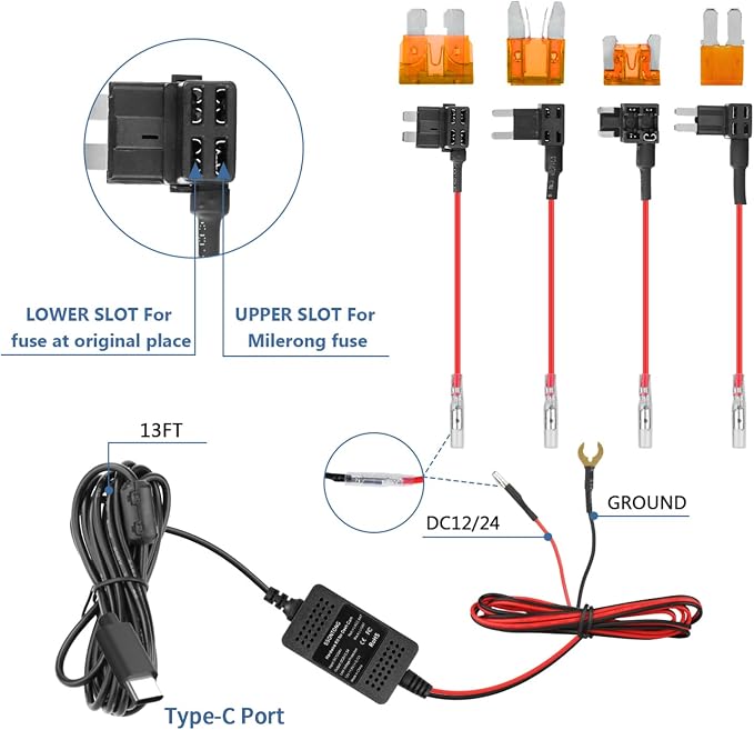 Upgraded Dash Cam Hardwire Kit, Type-C USB Hard Wire Kit 12V-24V to 5V Hardwire Kit with Low Voltage Protection 13ft Dash Cam Charger Power Cord for Dashcam GPS Power Supply Radar Detectors and More