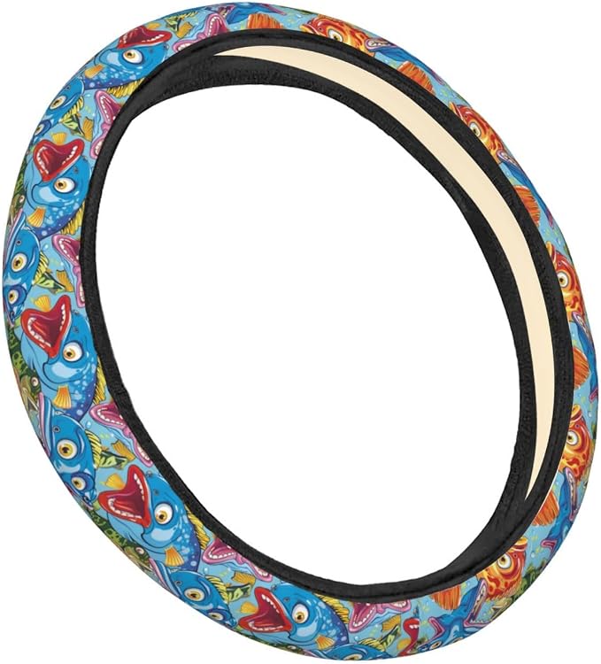 Colorful Cartoon Bass Fishes Steering Wheel Covers Anti-Slip Elasticity Car Accessories Steering Wheel Protector Universal 15 Inch for Cars SUV Vehicle Truck