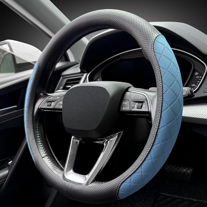 Nappa Leather Steering Wheel Cover,Elegant Diamond Checkered Design, Non-Slip wear-Resistant, Enhance Driving Comfort, Suitable for Steering Wheel Diameter 14 1/2‘-15’ Models.Black Blue