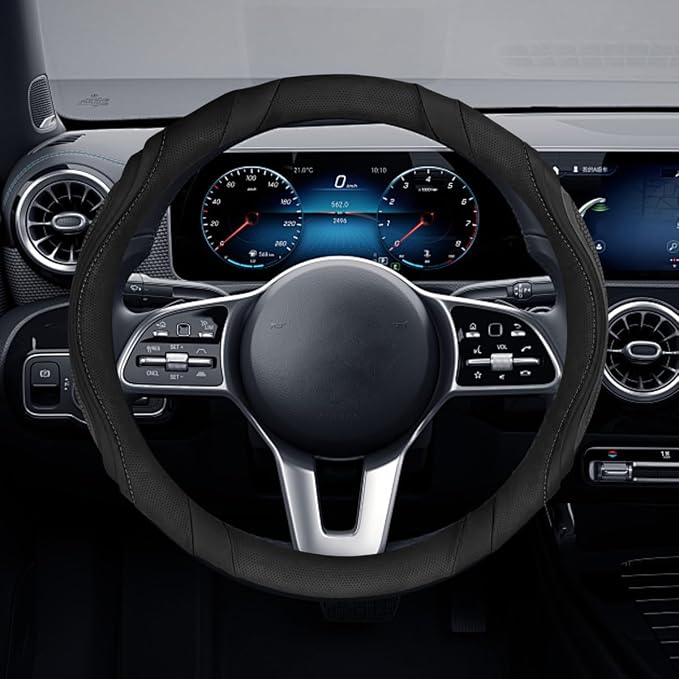 Car Steering Wheel Cover, 15 Inch Leather Anti-Slip Breathable Automotive Steering Wheel Protector, Universal Heat Resistant Vehicle Interior Accessories Cars, SUVs, Trucks(Black)