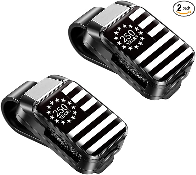 2 Pack Sunglasses Holder for Car, One-Handed-Operation Visor Sunglass Holder Clip, Easy Access Storage for Driving,Universal Fits (Black-White-250 Anniversary USA Flag)