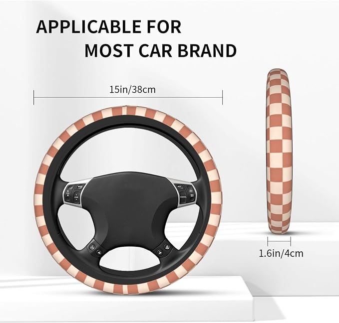 Khaki Checkered Steering Wheel Cover - Racing Flag Steering Wheel Protector Neoprene 15Inch Car Accessories 2 Pcs Car Coasters for Women Men