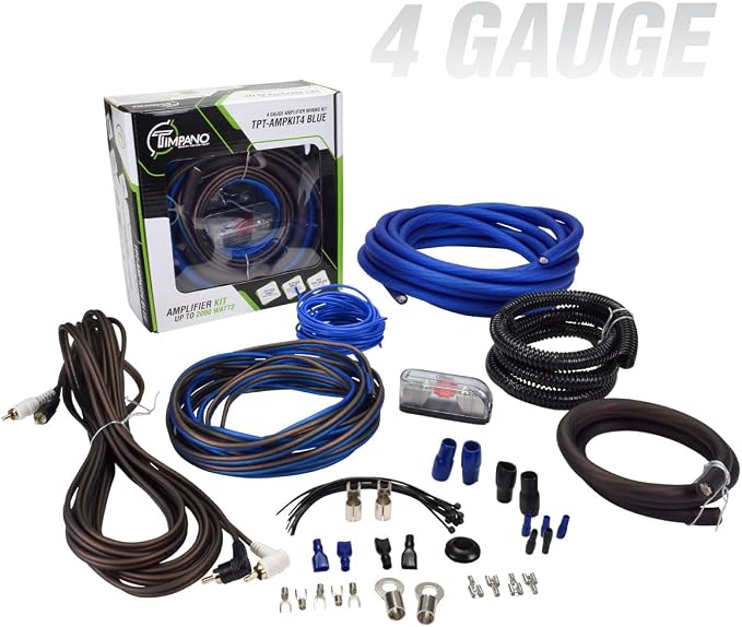 Timpano Amplifier Wiring Kit - 4 Gauge Amp Kit 2000 Watts Car Amplifier Installation CCA Cables Kit – 150 Amp Fuse Single Amp TPT-AMPKIT4 Blue