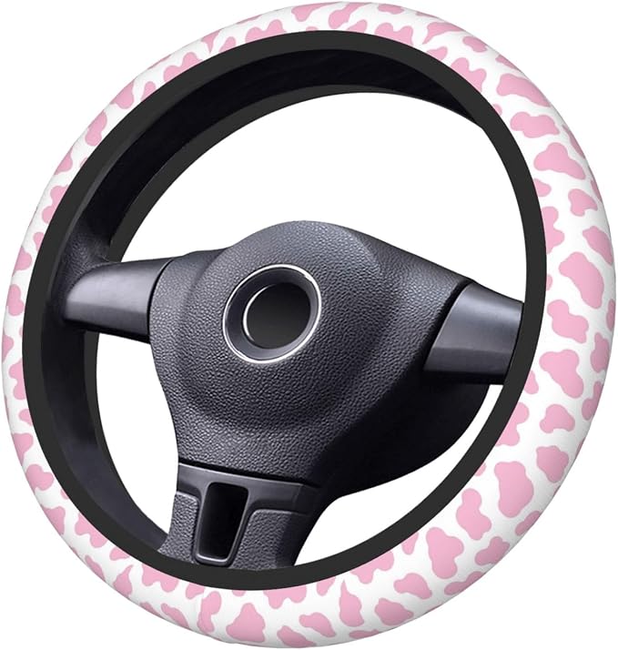 Pink Cow Steering Wheel Cover Anti-Slip and Practical 14.5-15 Inch Universal Car Steering Wheel Cover with 2 Pieces Car Coasters Suitable for Men Women