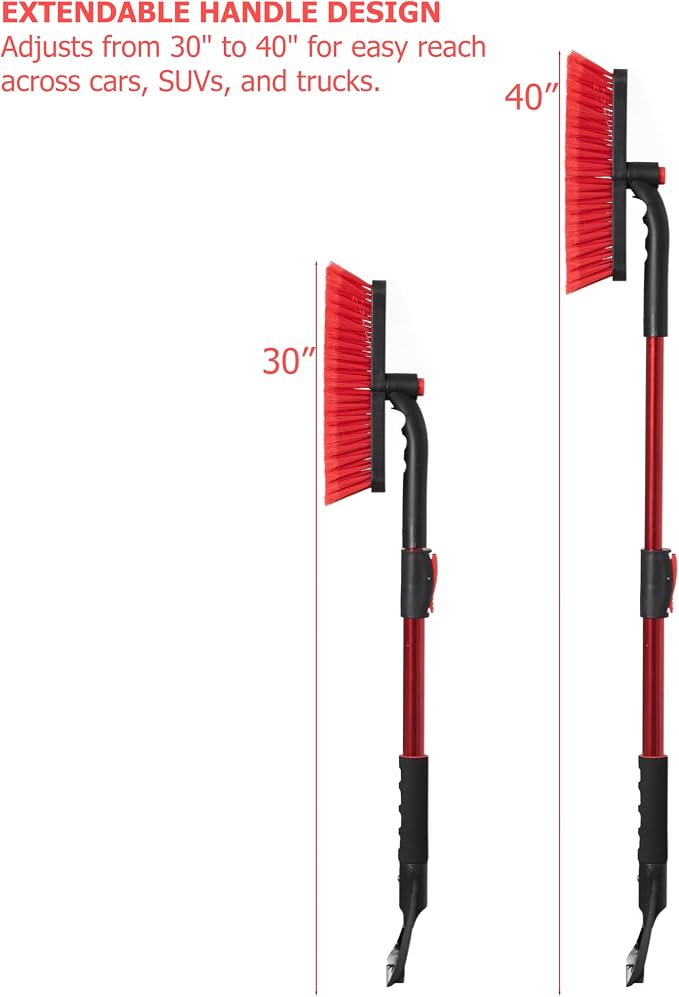 30-40" Extendable Aluminum Snow Brush & Ice Scraper 2-in-1 Winter Car Tool with Scratch-Free Bristles for Car SUV & Trucks, Red