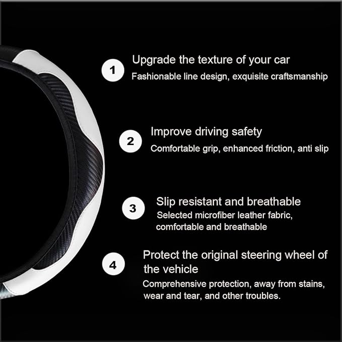 Ultra Fine Carbon Fiber Leather Steering Wheel Cover, Anti Slip and Sun Protective Protect The Steering Wheel, Easy to Install,Universal of 14.5"-15" (White)
