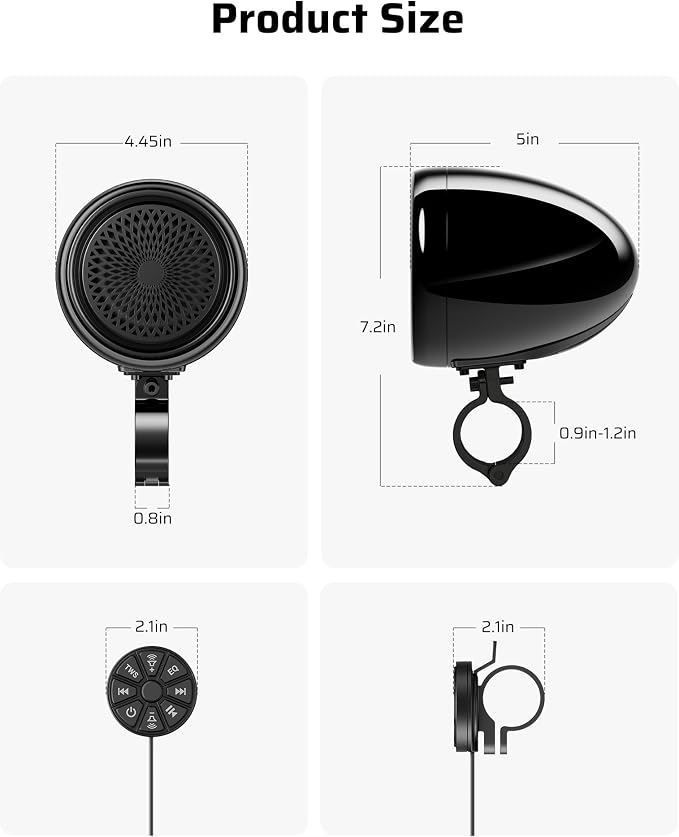 600W Motorcycle Speakers Bluetooth, 4'' Waterproof Stereo with Built-in Class-D Amplifier, Heavy Bass, USB, Wired Remote, 0.75-1.25" Universal Mount for Harley ATV UTV Golf Cart - Black