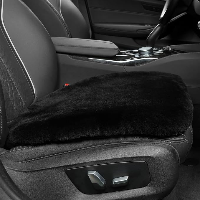 Genuine Sheepskin Auto Seat Pad, Australian Soft Wool Seat Cover Breathable and Sweat-Wicking Comfort Warm Universal Fit,19.2 inch x19.2 inch (Front seat Cushion 1pc, Black)