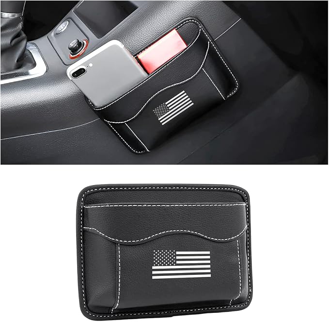 Moly Magnolia Car Seat Side Pocket Organizer, American Flag PU Leather Storage Bag, Pen Phone Holder Tray Pouch Seat Gap Filler, Interior Accessories for Auto Door Window Console (Black/Flag)