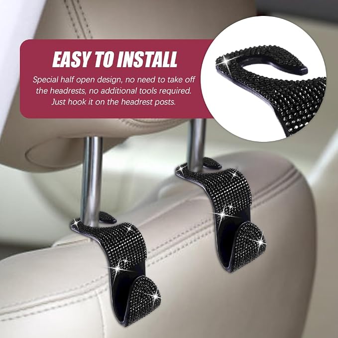 2 Pack Car Hooks, Bling Rhinestones Crystal Hooks, Auto Seat Back Organizers, Car Decorations Backseat Hanger, Car Seat Hooks Perfect for Holding Handbags, Clothes, Purses and Water Bottles
