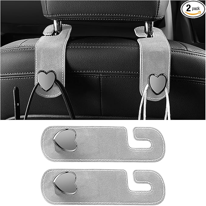 2PCS Car Seat Headrest Hook, Suede Leather Heart Hanger, Gray | 1.77x6.42 Inch, Universal fit, most Sedans/SUVs/Trucks, alloy core, half-open mount, interior accessories