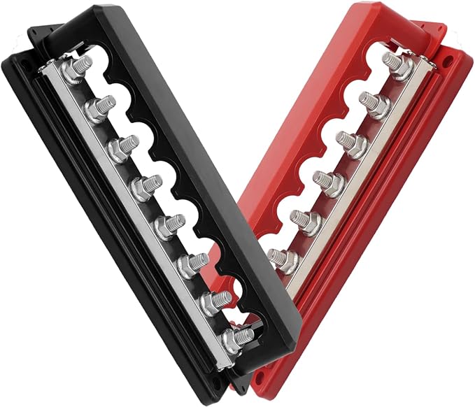 600A Bus Bar Heavy Duty Power Distribution Block 48V DC Busbar Box with 8 x M10(3/8") Terminal Studs for Battery Marine Automotive RV Car Truck (Black & Red)