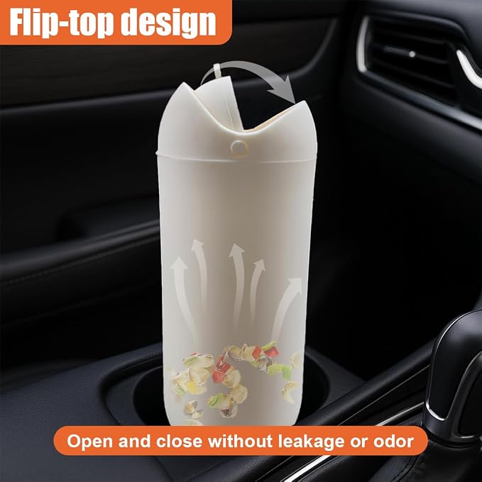 Car Trash Can with Flip Lid, Mini Portable Silicone Auto Cup Holder Garbage Bin, Leakproof Vehicle Trash Storage, Universal Car Accessories for SUV Truck Van Home Office(Beige)