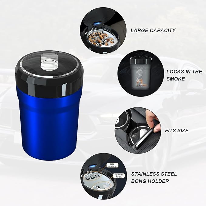 Car Ashtray with Lid, Easy Clean Up Detachable Smokeless Ashtray with LED Blue Light, Portable Mini Ash Tray Cup Holder for Car Home Office Travel, Interior Auto Accessories (Blue, Larger)