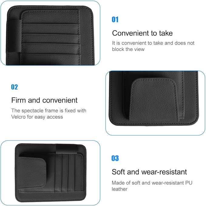 Car Sun Visor Organizer, PU Leather Vehicle Visor Document Storage Pocket for Sunglass Card Pen, Multifunctional Automotive Interior Holder Accessories, Universal Fit (Black)