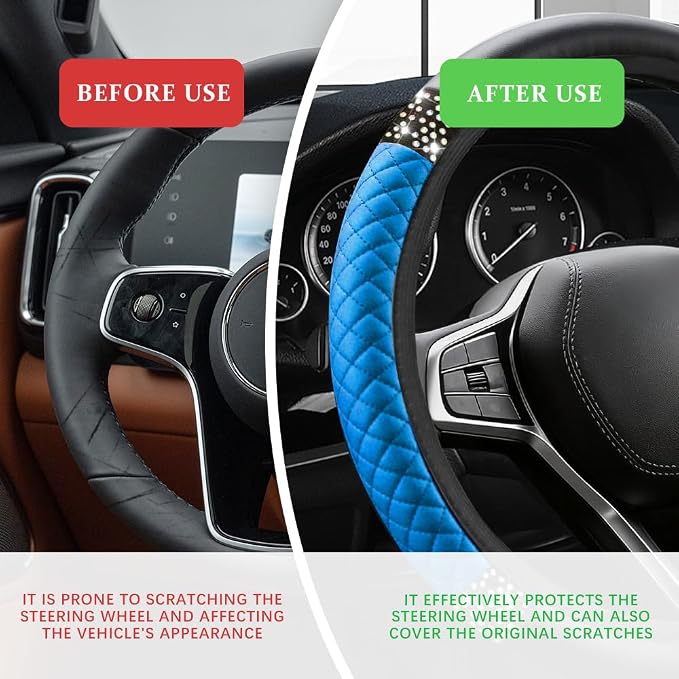 Bling Soft Leather Steering Wheel Cover, Steering Wheel Protector, 15 Inch Rhinestones Car Elastic Protector with Crystal Diamond for Women Girls, Car Accessory for Vehicles (Blue)
