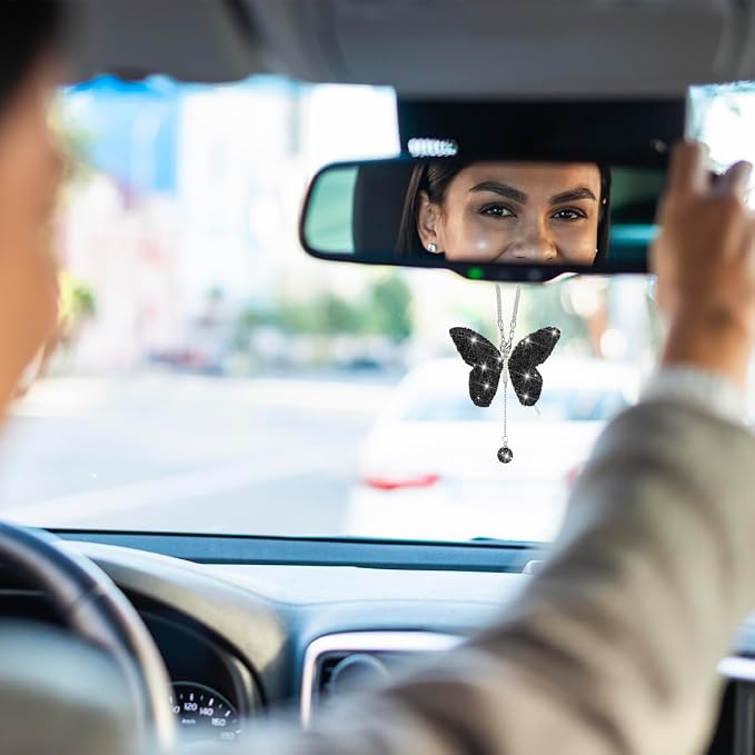 Bling Butterfly Diamond Car Accessories, Crystal Car Rear View Mirror Charms for Women, Car Decoration Lucky Gifts Hanging Interior Crystal Ornament Pendant Decor for All Cars (Black)