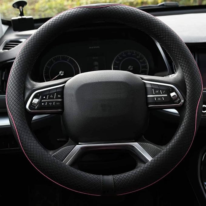 Microfiber Leather Steering Wheel Cover Anti-Slip Matte Finish Auto Car Wheel Cover Universal 15 Inch Wheel Cover for Car Embossing Pattern (Pink Line)