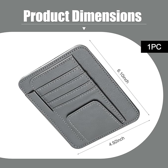 Car Sun Visor Organizer, Multi-Pocket Leather Auto Visor Storage Bag with Clip-on Design, Car Interior Organizer for Cards, License, Sunglasses and Pens, Universal for Most Cars (Gray)