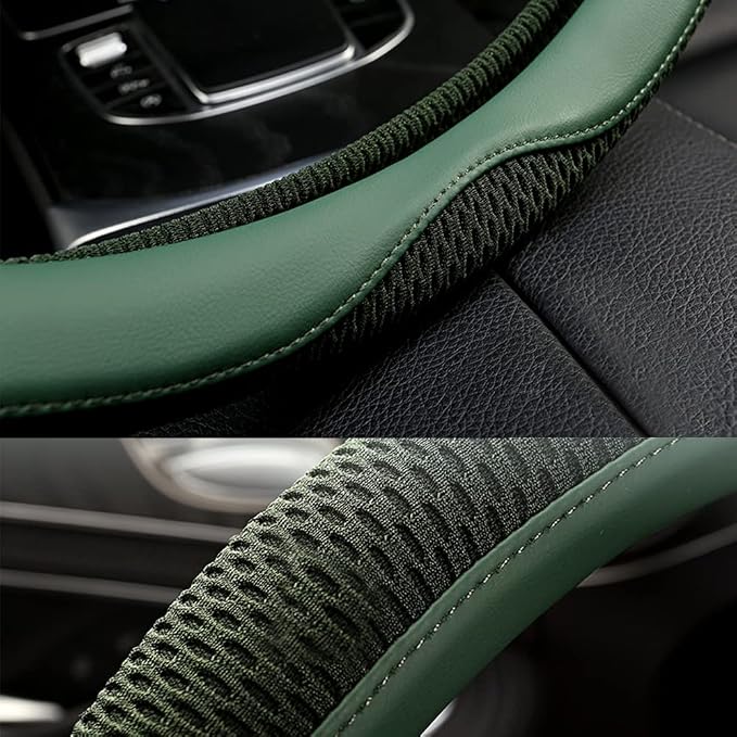 Car Steering Wheel Cover, Universal 15 inch, the Latest Microfiber Leather Breathable Technology Fabric, Non-Slip, Comfortable, Warm in Winter and Cool in Summer, Green