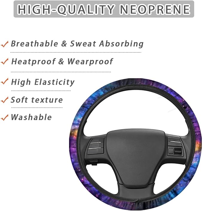 Nebula Galaxy Design Steering Wheel Covers 14-15" inch Universal Fit Most Car Sedans SUVs Comfort Grip Comfortable Handmade Neoprene Breathable Steering Wheel Protector Blue Purple