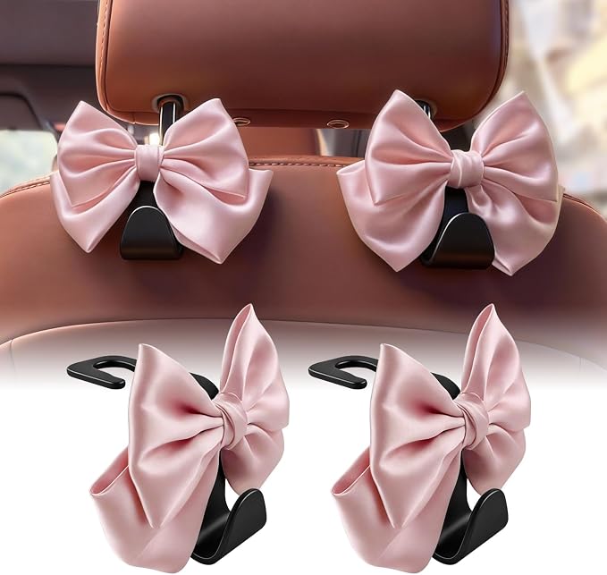 Car Seat Headrest Hook Bow Hooks for Car Bow Car Accessories 2 Pack Hanger Storage Organizer Universal for Handbag Purse Coat fit Universal Vehicle Car (Pink)