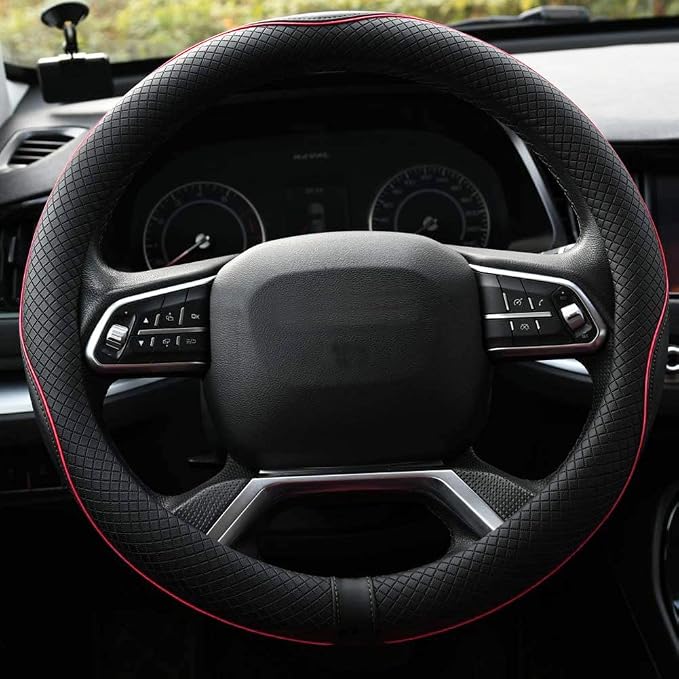 Microfiber Leather Car Steering Wheel Cover, Soft Padding, Durable, No Smell, Universal 15 Inch Steering Cover, Anti-Slip Embossing Pattern A, Black with Red Line