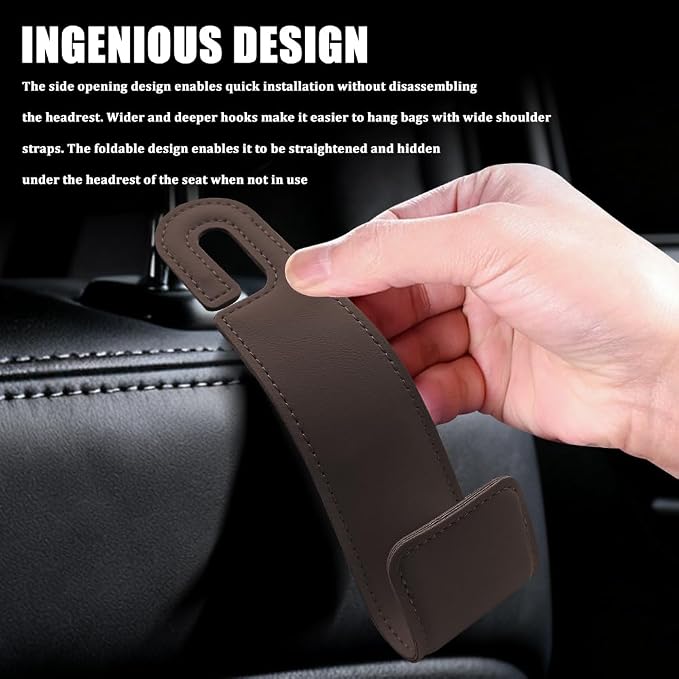 2PCS Car Seat Headrest Hooks, Purse Hook for Car, Automotive Headrest Handbags Holder, Auto Accessories Leather Seatback Organizer Hanger for Hanging Purses Bags Coats (Brown, 2PCS)