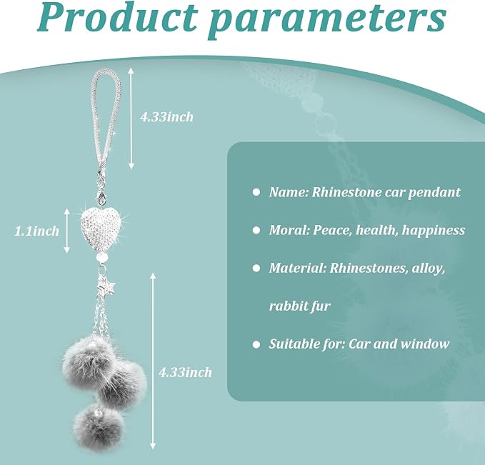 Bling Diamond Heart Car Interior Accessories, Mirror Hanging Ornament for Women, Love Heart & Pink Plush Ball Decor Ornament Pendant, Hanging Decoration Charm (Grey)