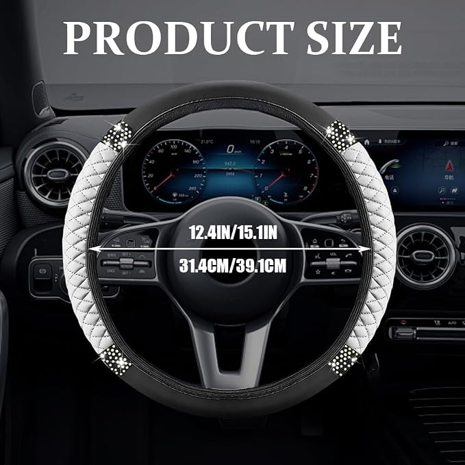 Bling Soft Leather Steering Wheel Cover, Steering Wheel Protector, 15 Inch Rhinestones Car Elastic Protector with Crystal Diamond for Women Girls, Car Accessory for Vehicles (White)