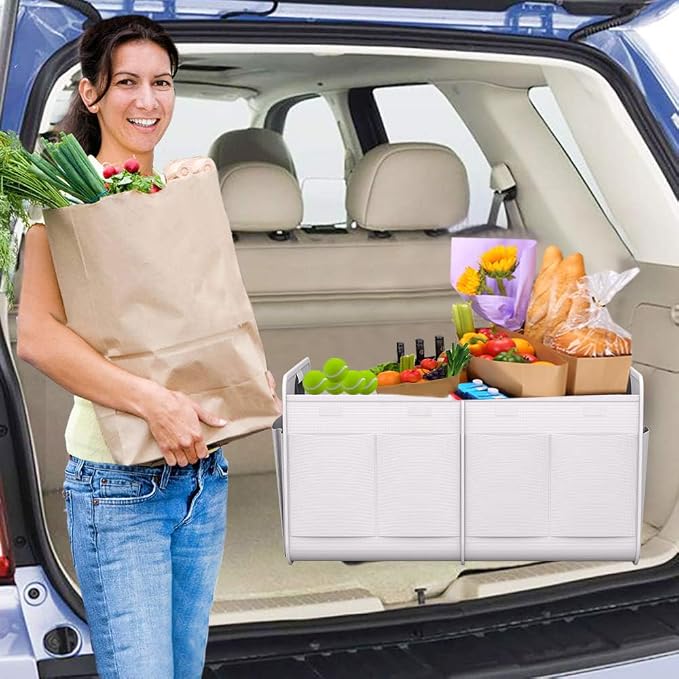Car Trunk Organizer for SUV, 18.5Gal Large Capacity No-Sag Heavy Duty, Foldable Waterproof Anti-Slip Storage with 12 Pockets, Fit Sedan, Truck, Universal Car Accessories, White, 2 Compart,Large