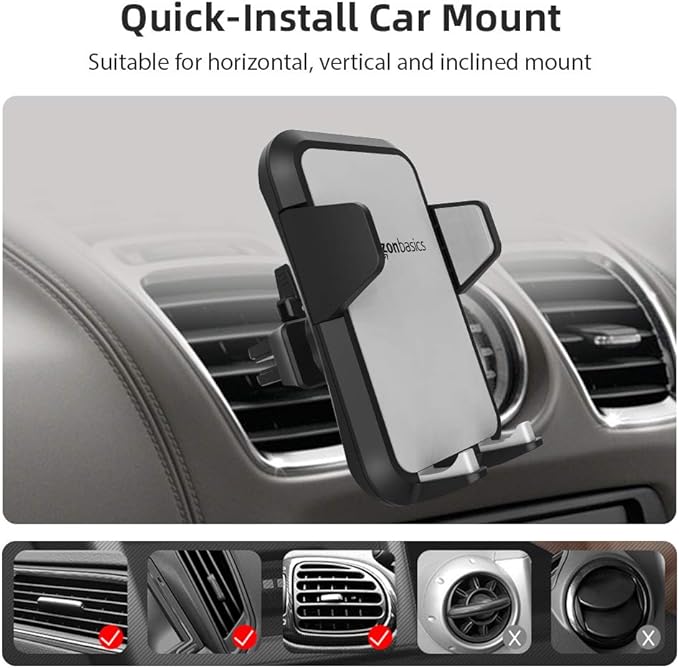 Universal Portable Smartphone Holder for Car, Air Vent Mount, 360° Rotation, Easy to Install, One-Handed Release, Adjustable and Secure, Grey