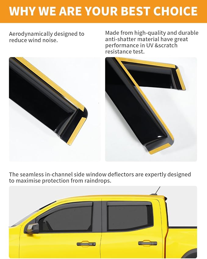in-Channel Window Rain Guards Fit for Chevy Colorado/GMC Canyon Crew Cab 2023 2024 2025 2026 Rain Guards Extra Durable Side Window Deflectors Visors Truck Vent Visors Shades Car Accessories