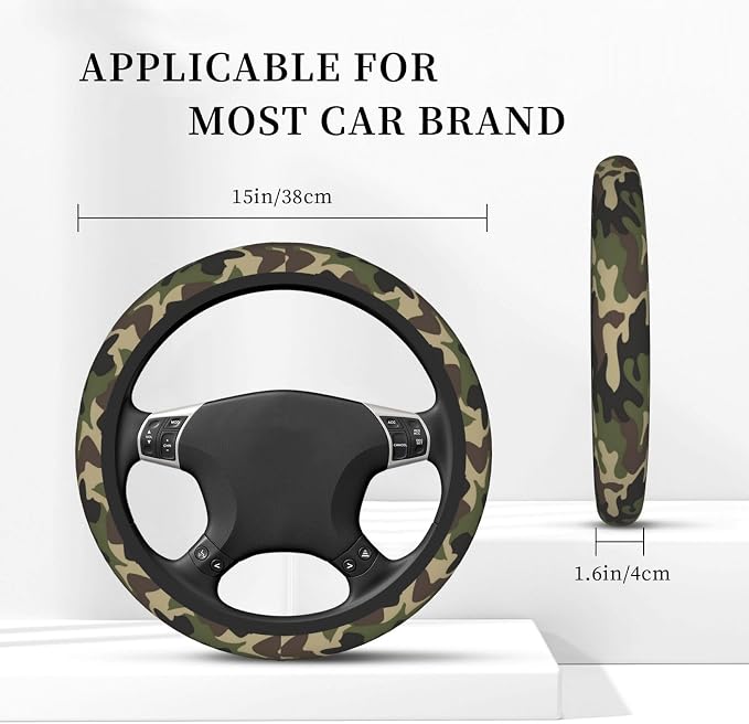 Green Camo Steering Wheel Cover Anti-Slip and Practical 14.5-15 Inch Universal Car Steering Wheel Cover with 2 Pieces Car Coasters Suitable for Men Women