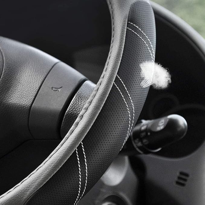 Leather Large Steering Wheel Cover 15 1/2 to 16 inch Soft Grip Breathable for Car Truck SUV Jeep Anti Slip Black and Gray