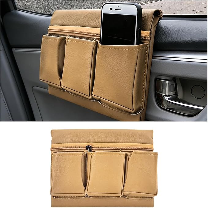 Car Window Armrest Storage Box, Leather Automotive Side Door Arm Rest Pad Organizer with Multiple Pocket, Multifunctional Vehicle Armrest Elbow Pad Storage Bag, Universal Fit (Beige)