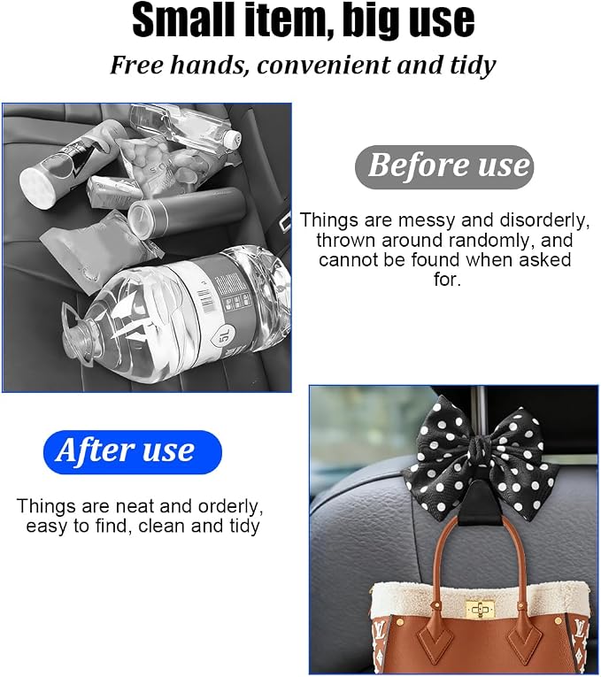 2PCS Car Seat Headrest Hook, Cute Bow Backseat Hanger Holder for Purse Bag Handbag Coat, Auto Interior Seat Back Grocery Storage Organizer Hook, Universal for Vehicles (Black Polka Dots)