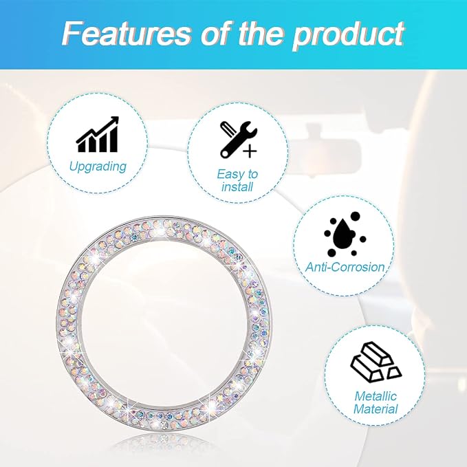 Car Bling Crystal Rhinestone Engine Start Ring Decals, 2 Pack Car Push Start Button Cover/Sticker, Key Ignition Knob Bling Ring, Sparkling Car Interior Accessories for Women (Double Multicolor)