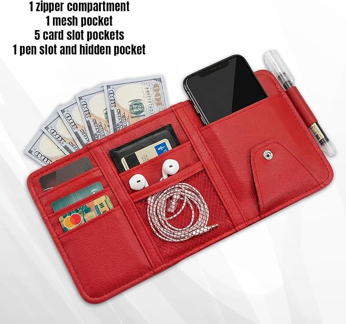 Car Sun Visor Organizer, Truck Visor Organizer, Leather Multi-Pocket Auto Visor Storage Pocket Pouch Holder with Zipper, Auto Accessories Storage Bag for Driving License Card Pen (Red)