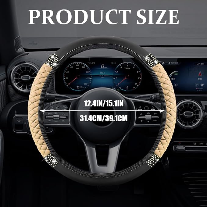 Bling Soft Leather Steering Wheel Cover, Steering Wheel Protector, 15 Inch Rhinestones Car Elastic Protector with Crystal Diamond for Women Girls, Car Accessory for Vehicles (Beige)