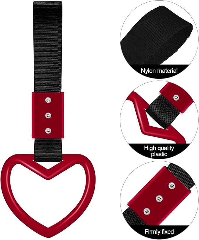 2 Pieces Rings Heart Shaped Car Handle Straps Drift Charm Rear Bumper Warning Ring Decor Subway Bus Broken Heart Handle for Car Interior (White and Red with Black Rope)