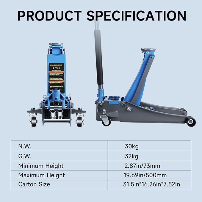 3 Ton（6600lbs） Hydraulic Floor Jack, Lifting Range 2.87"-19.69",Heavy Duty Low Profile Jack with Dual Piston Quick Lift Pump, Heavy Duty Steel Floor Jack for Cars, SUVs and Trucks