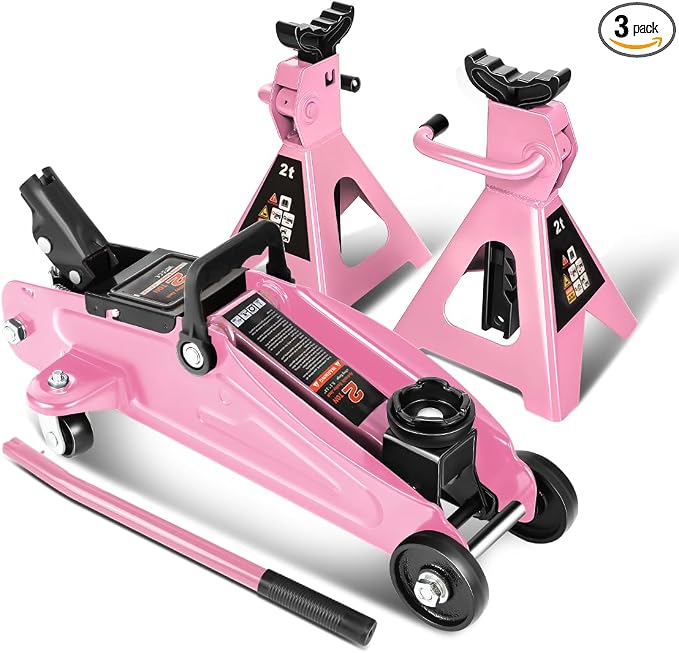 2 Ton Floor Jack with Jack Stands, Heavy Duty Steel Hydraulic Racing Floor Jack with Single Piston Quick Lift Pump, Hydraulic Trolley Service Car Jack, Pink