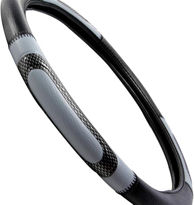 Sporty Two Tone Ergonomic Grip Steering Wheel Cover - Carbon Fiber Grip for Standard Size Wheels 14.5-15 inch Gray/Black