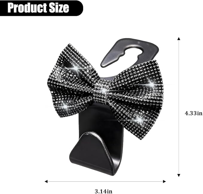 2PCS Bling Bow Car Seat Headrest Hooks, Crystal Rhinestone Vehicle Rear Seat Hanging Storage Hooks for Purses Bags Coats, Auto Headrest Storage Organizer, Universal Fit (Black)