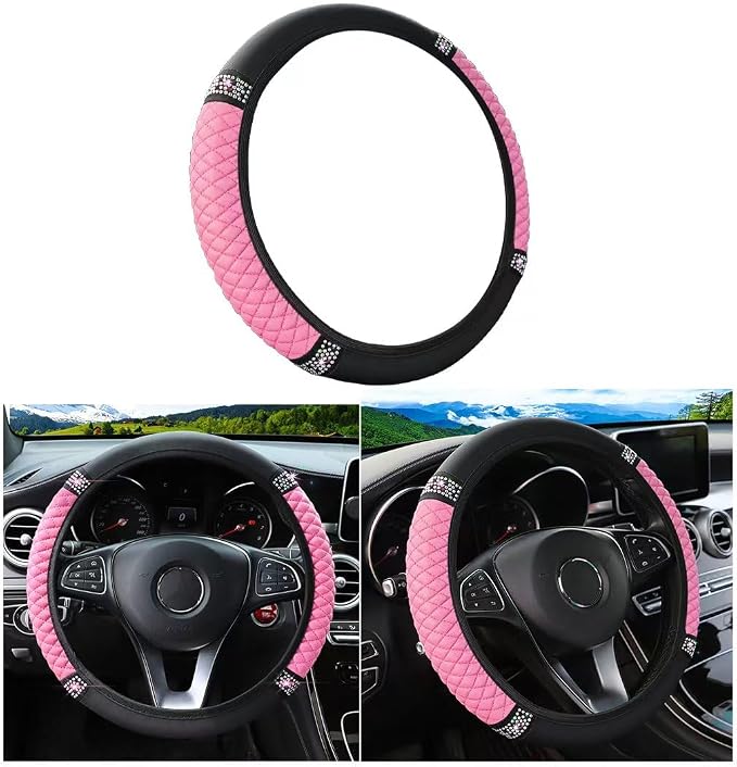 Bling Car Steering Wheel Cover, 15 Inch Rhinestones Soft Leather Elastic Steering Wheel Protector, Sparkly Crystal Diamond for Women Girls, Car Interior Accessories for Most Cars (Pink)
