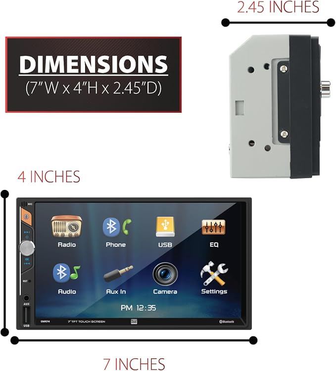 DMR74 7-Inch Touchscreen Double DIN Car Stereo, Bluetooth | Backup camera input, hands-free Bluetooth calling, USB playback & charge, push to talk voice assistant, no CD or DVD