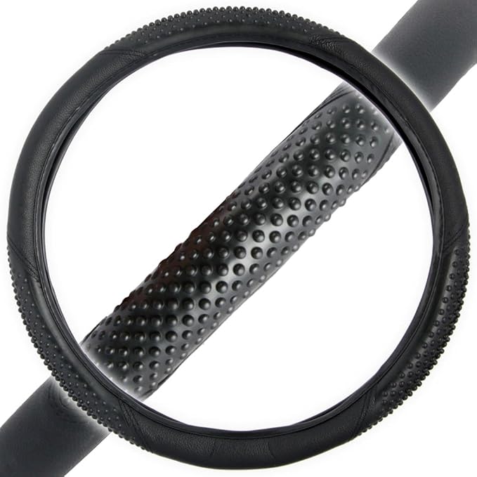 Sporty Two Tone Ergonomic Grip Steering Wheel Cover - Massaging Gel Grip for Standard Size Wheels 14.5-15 inch Black/Black