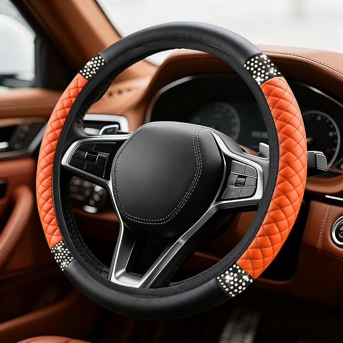 Bling Soft Leather Steering Wheel Cover, Steering Wheel Protector, 15 Inch Rhinestones Car Elastic Protector with Crystal Diamond for Women Girls, Car Accessory for Vehicles (Orange)